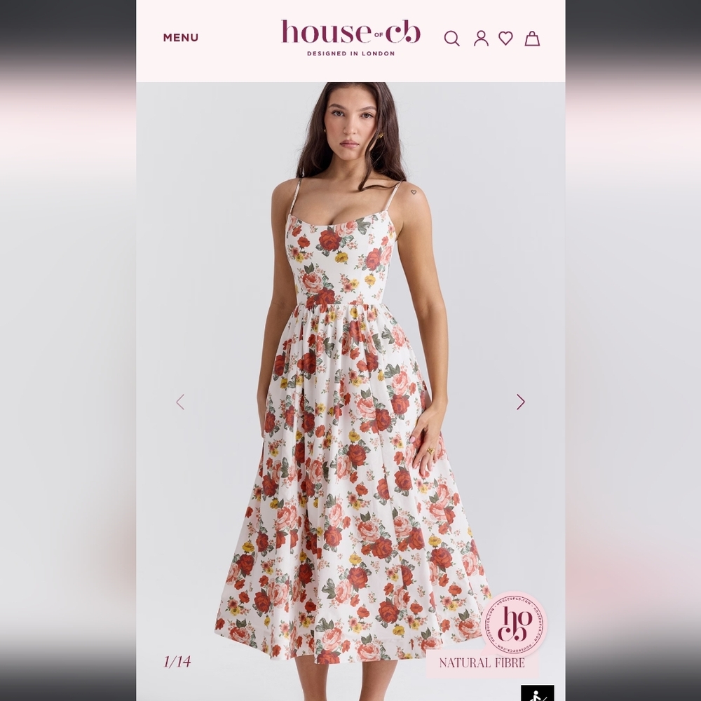 House of CB White Midi Dress with Red Floral Print